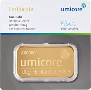 Umicore 100 gram guldbarre