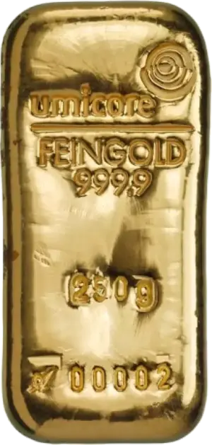 Umicore 250 gram støbt guldbarre