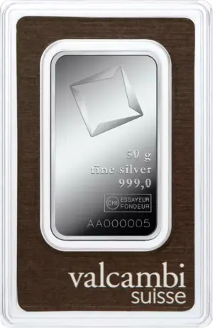 Valcambi Suisse 50 g støbt sølvbar