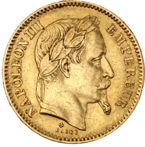 20 Franska Franc Napoleon III m. Lagerkrans guldmynt
